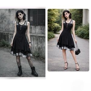 Black Urban Graphic Dress | Punk Grunge Edge | Zip Front Asymmetrical Bubble Hem